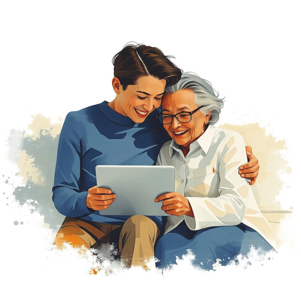 A woman and her mother looking at a tablet together